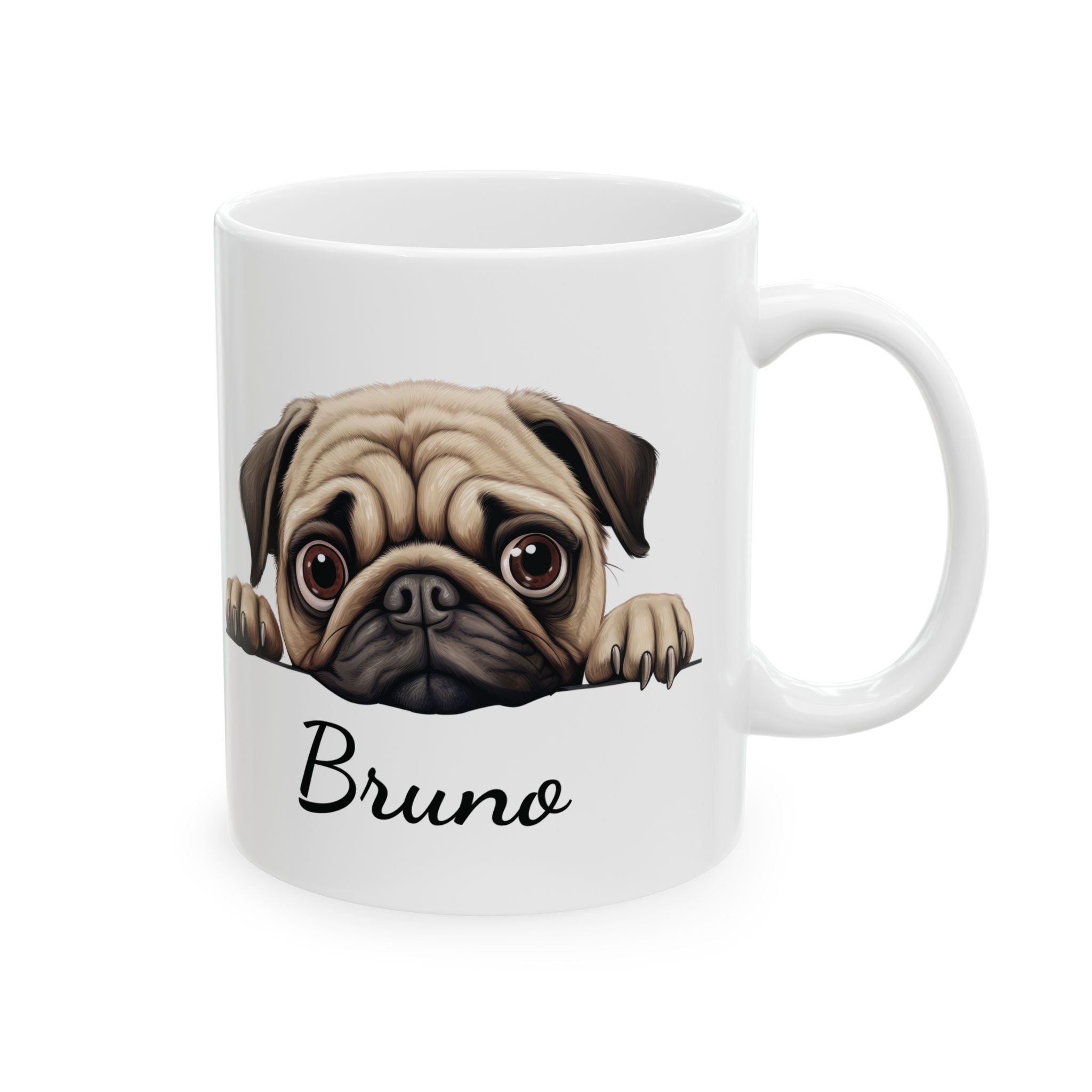 Personalized pug peeking mug — main shot showing adorable pug illustration