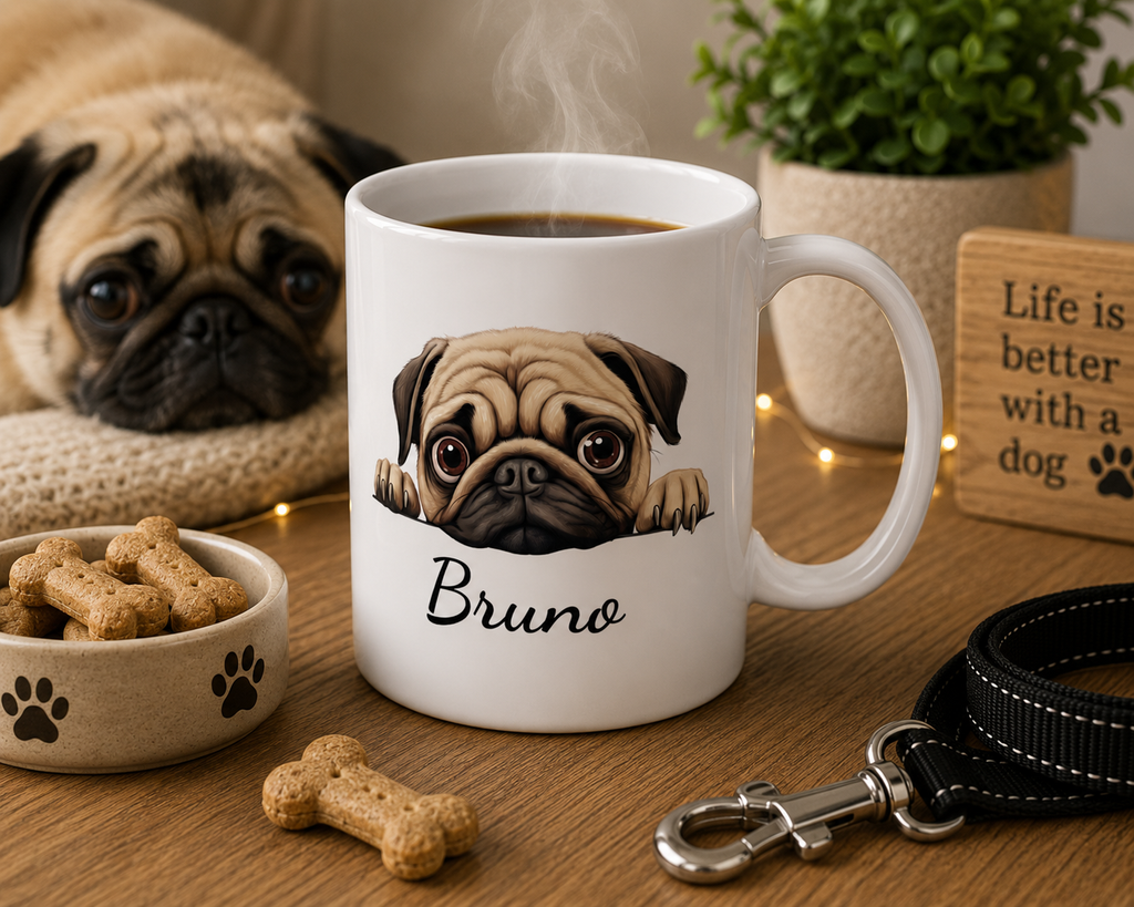 Personalized pug peeking mug mockup view