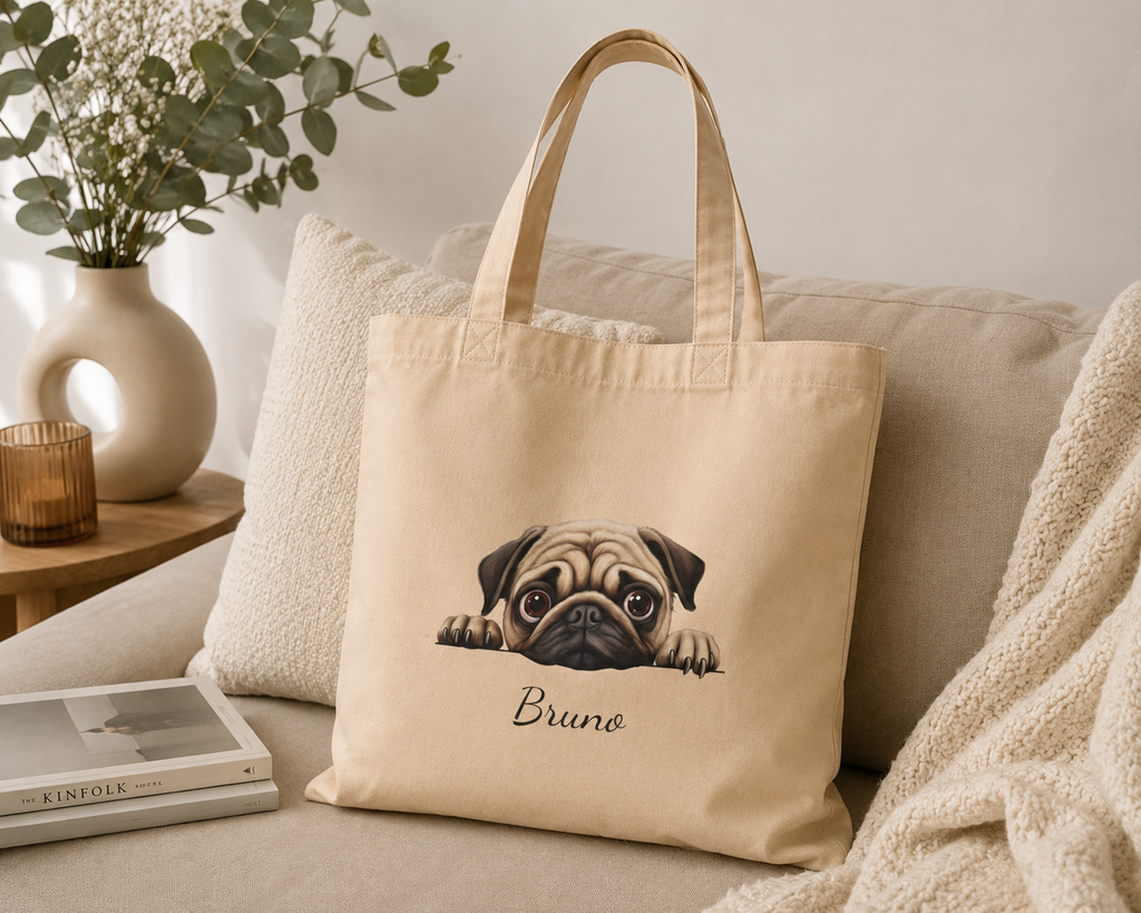 Close-up of Pug illustration and personalized name on tote
