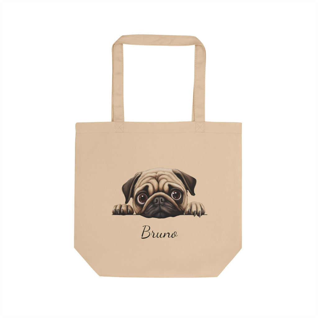 Personalized Pug peeking tote bag with custom dog name