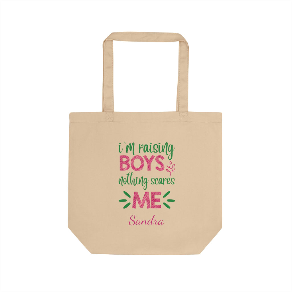 Personalized 'I'm Raising Boys, Nothing Scares Me' natural cotton tote bag with a custom name
