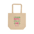 Personalized 'I'm Raising Boys, Nothing Scares Me' natural cotton tote bag with a custom name