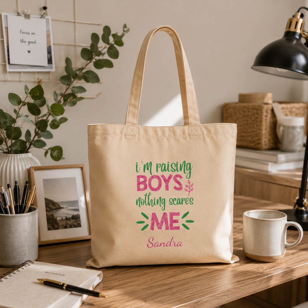 Raising Boys tote bag shown flat with size and dimensions reference
