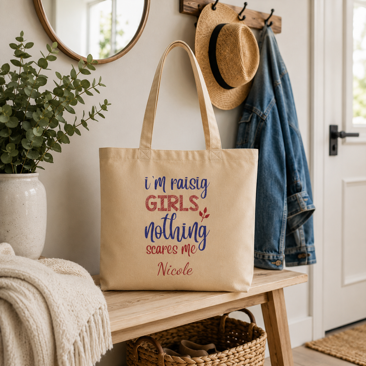 Raising Girls tote bag shown flat with size and dimensions reference