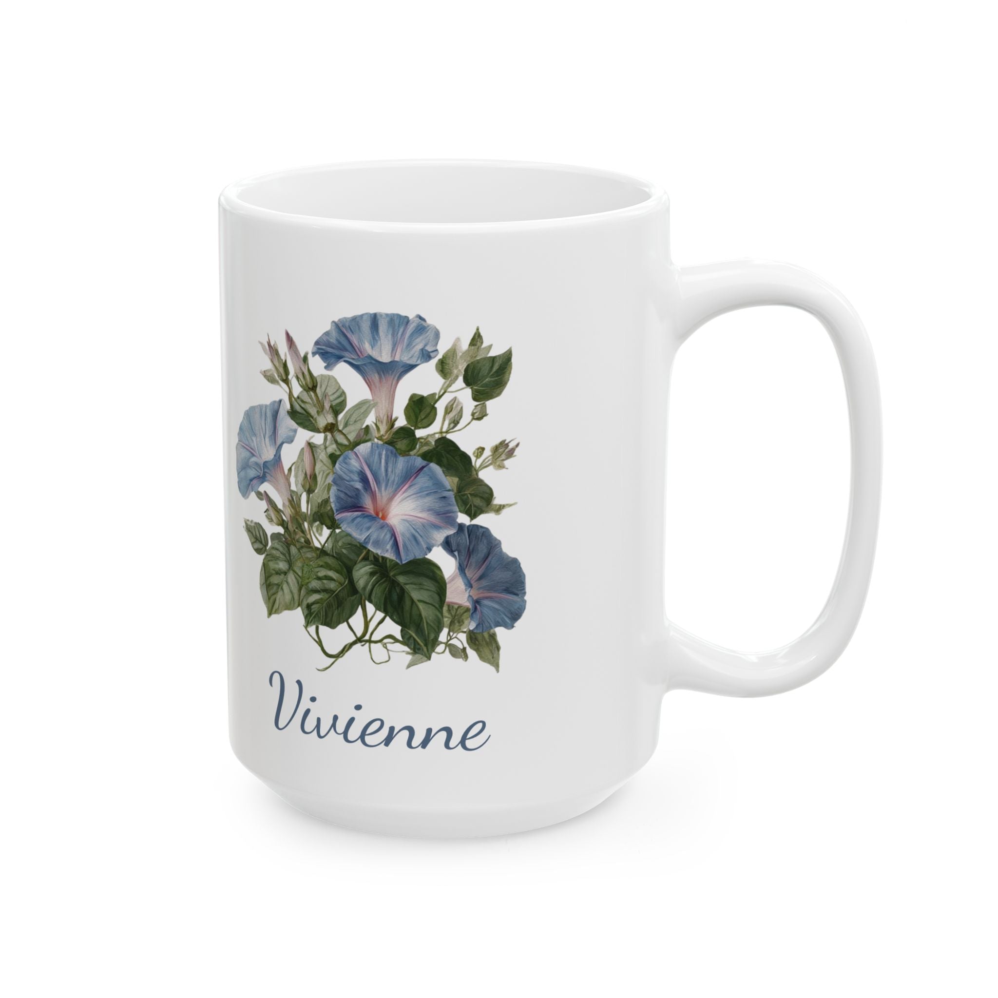 September morning glory mug showing name in blue script and botanical foliage