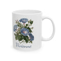 Personalized September birth flower mug — blue morning glory watercolor on white ceramic
