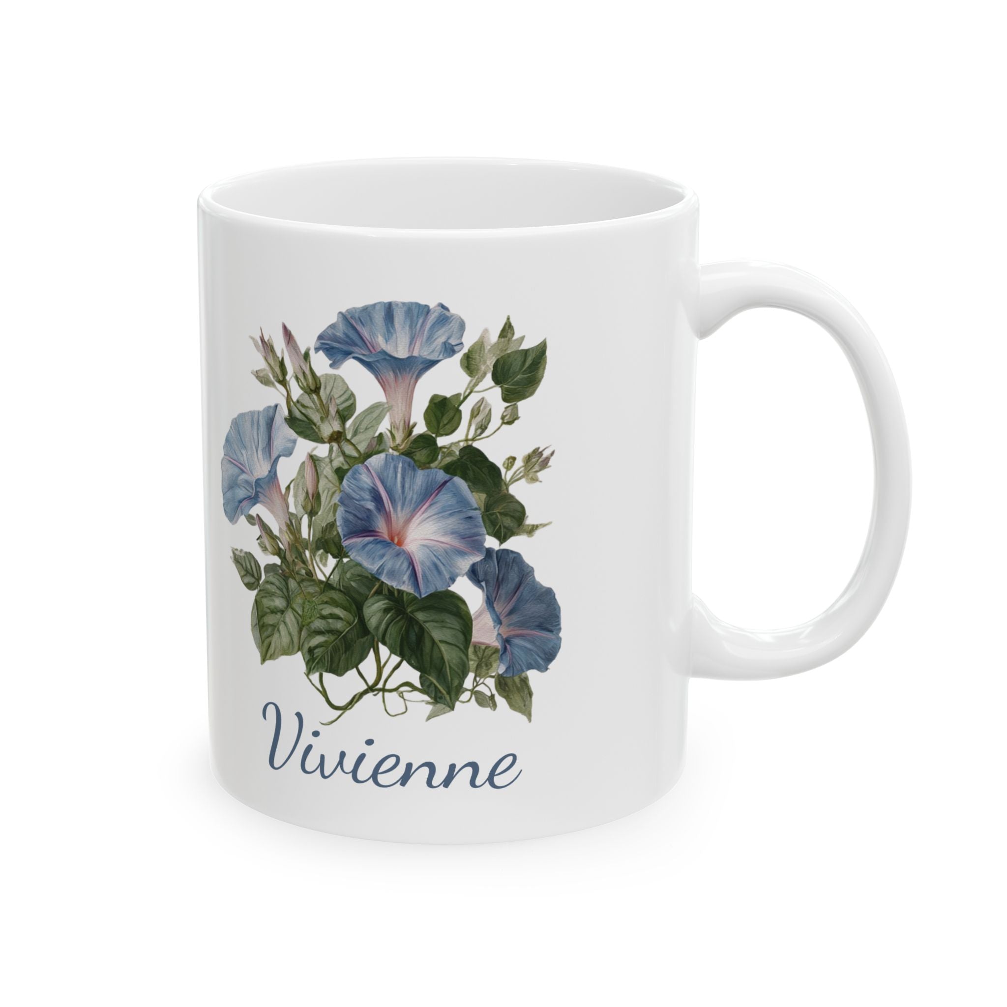 Personalized September birth flower mug — blue morning glory watercolor on white ceramic