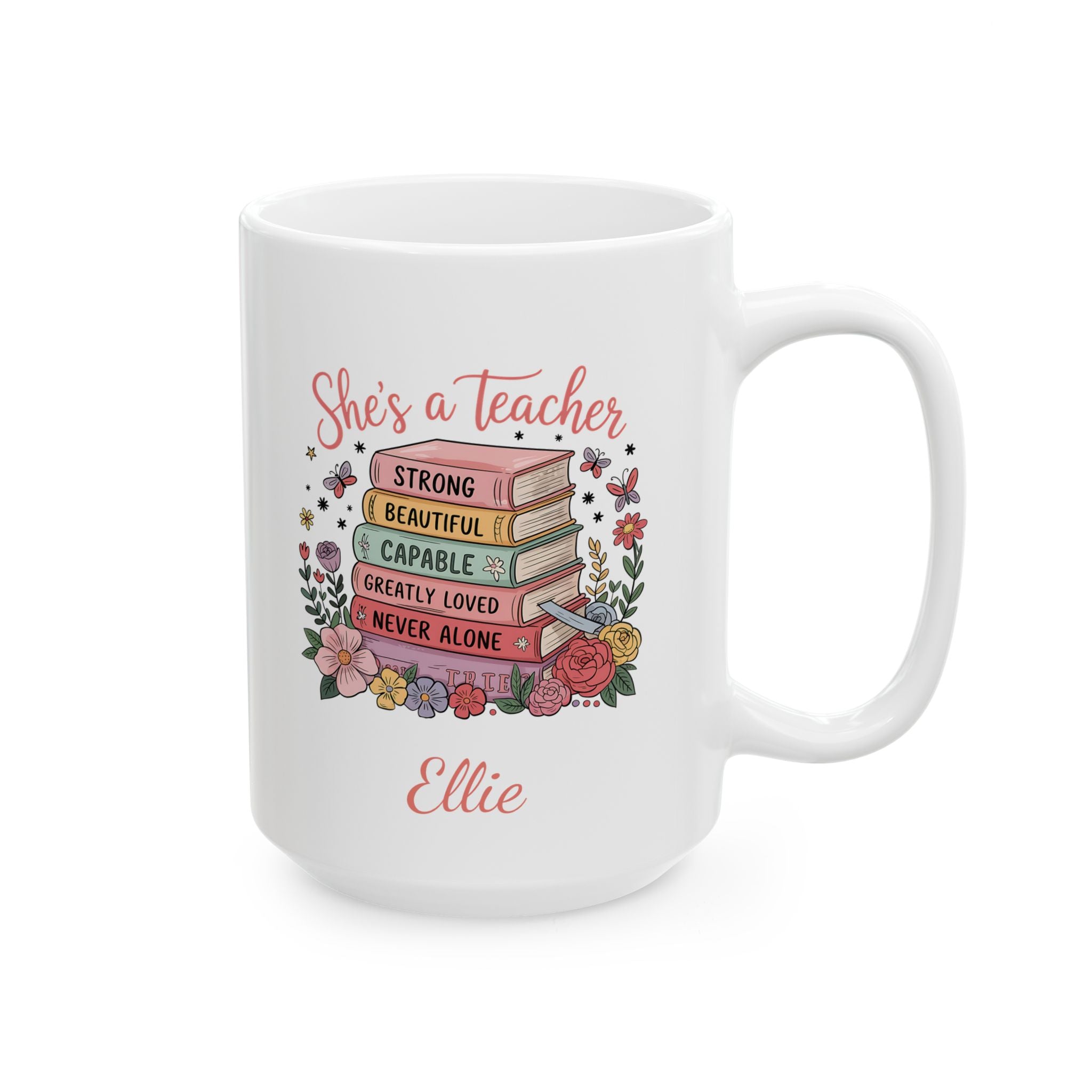 She's a Teacher mug lifestyle shot showing name and floral butterfly border detail
