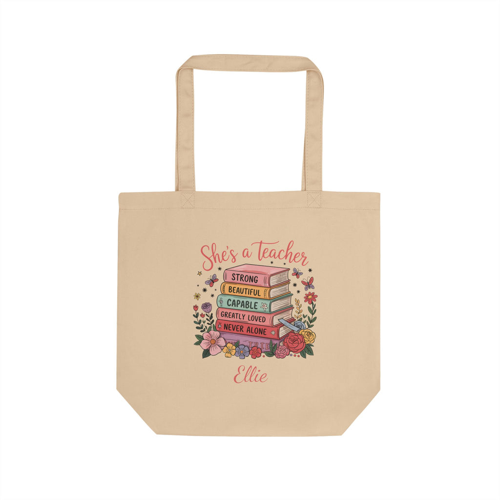 Personalized She's a Teacher book stack tote bag with custom name