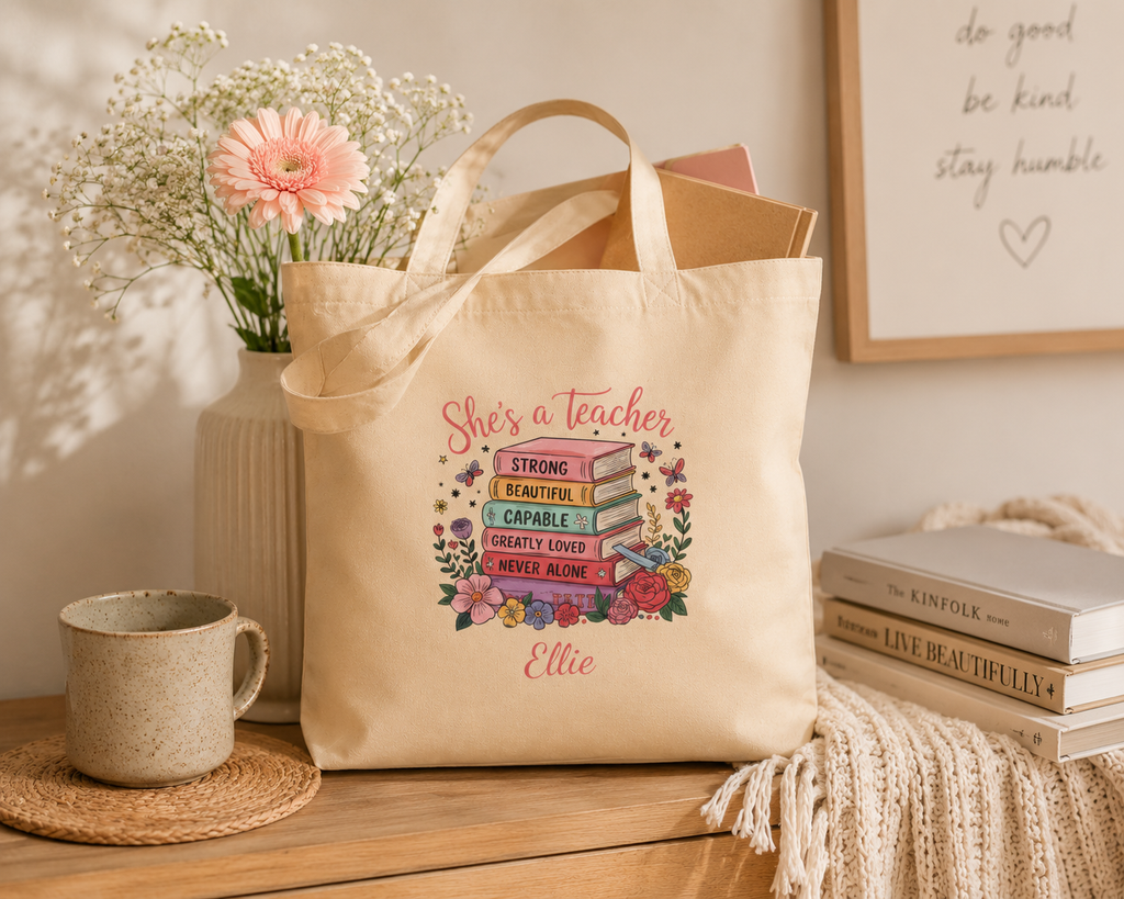 She's a Teacher tote bag size and dimensions reference