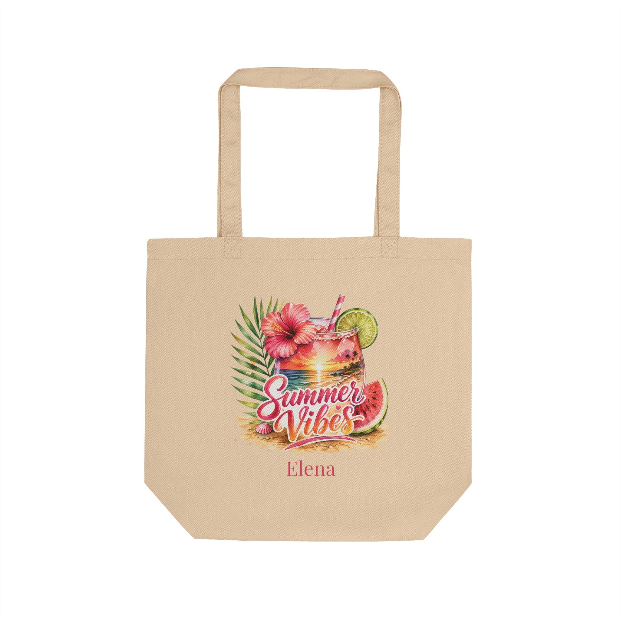 Personalized 'Summer Vibes' tropical beach natural cotton tote bag with a custom name