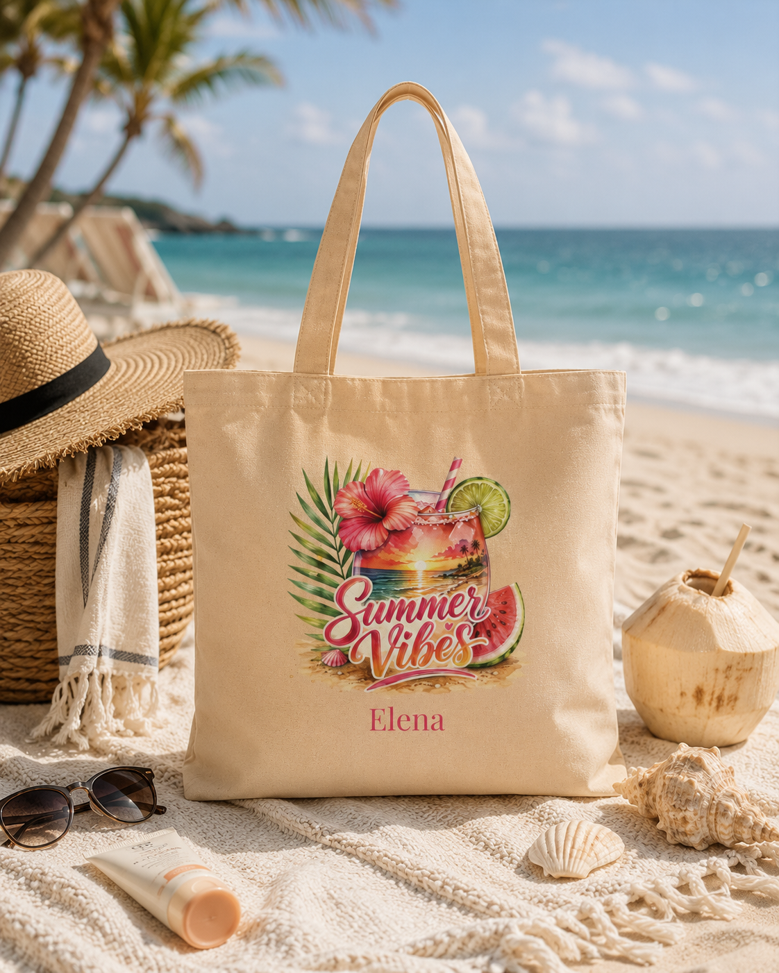 Summer Vibes beach tote bag shown flat with size and dimensions reference