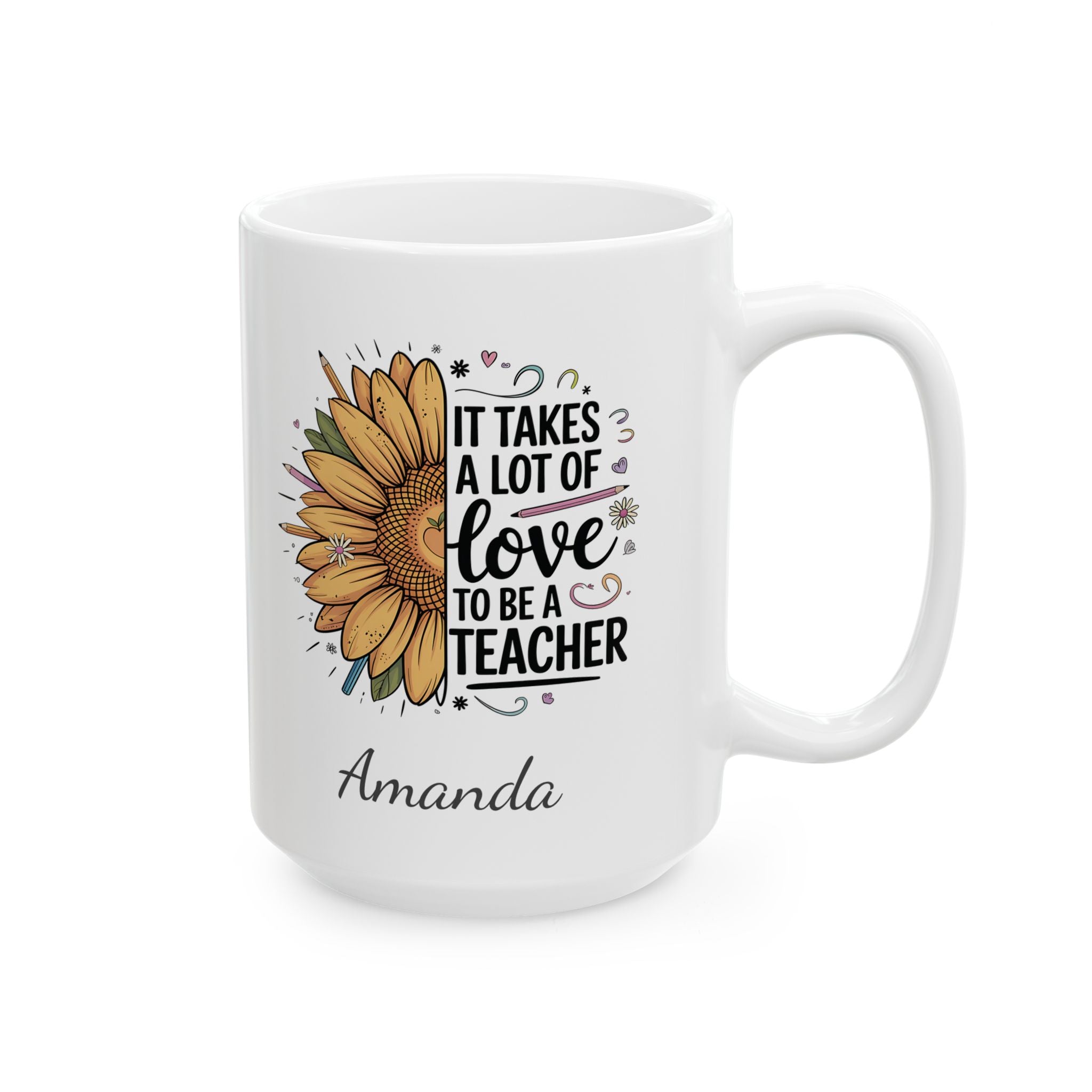 Teacher sunflower mug lifestyle shot showing name and It Takes a Lot of Love message