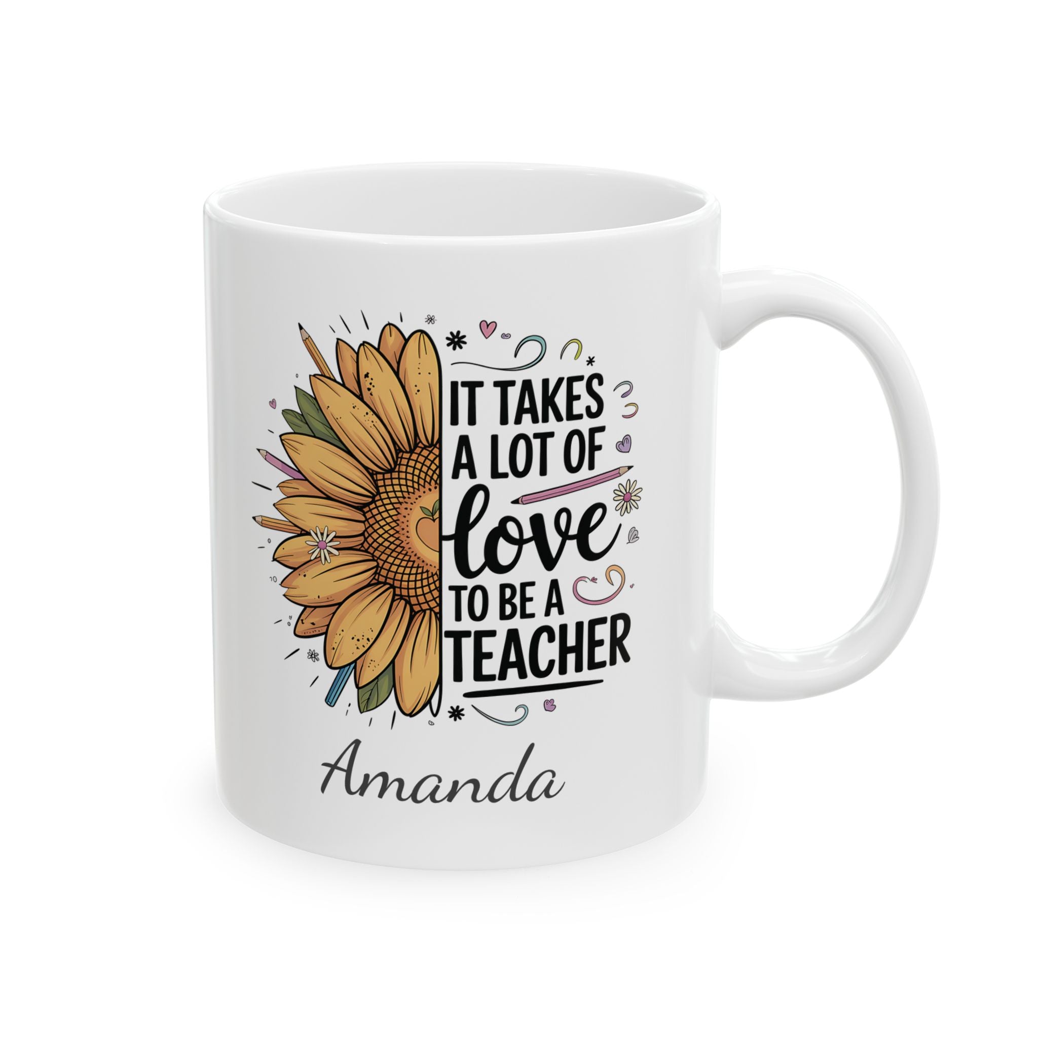 Personalized sunflower teacher appreciation mug — main shot showing sunflower and pencil design