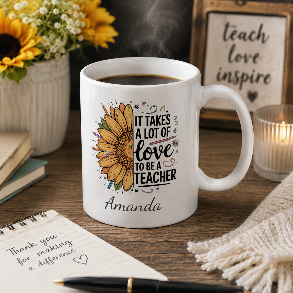 Personalized sunflower teacher mug mockup view