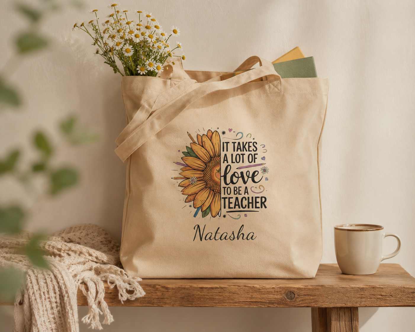 Close-up of sunflower illustration and personalized name on teacher tote