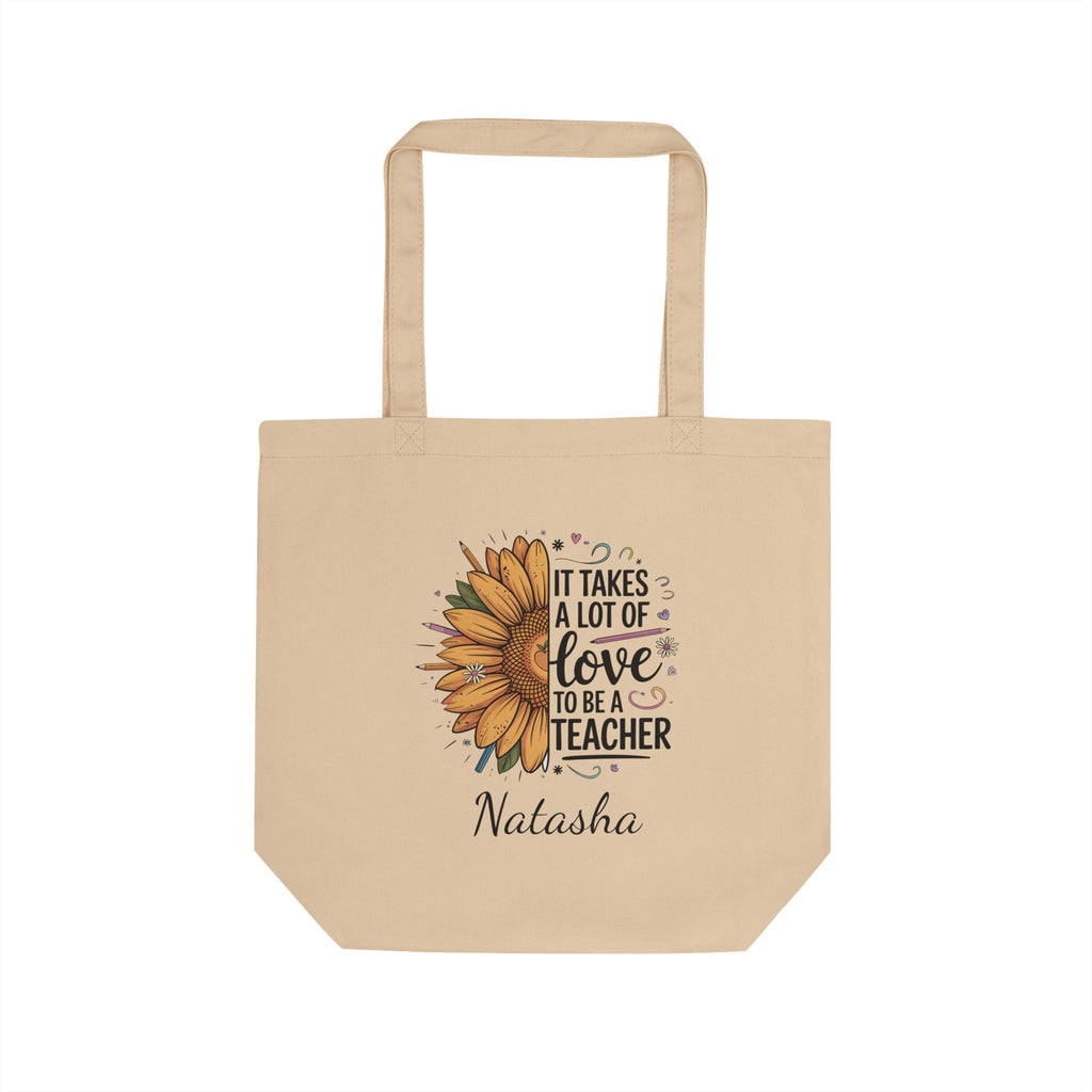 Personalized sunflower teacher tote bag with a custom name, main design shot