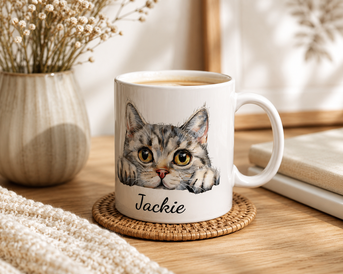 Close-up detail of the tabby cat illustration and personalized name lettering on the mug