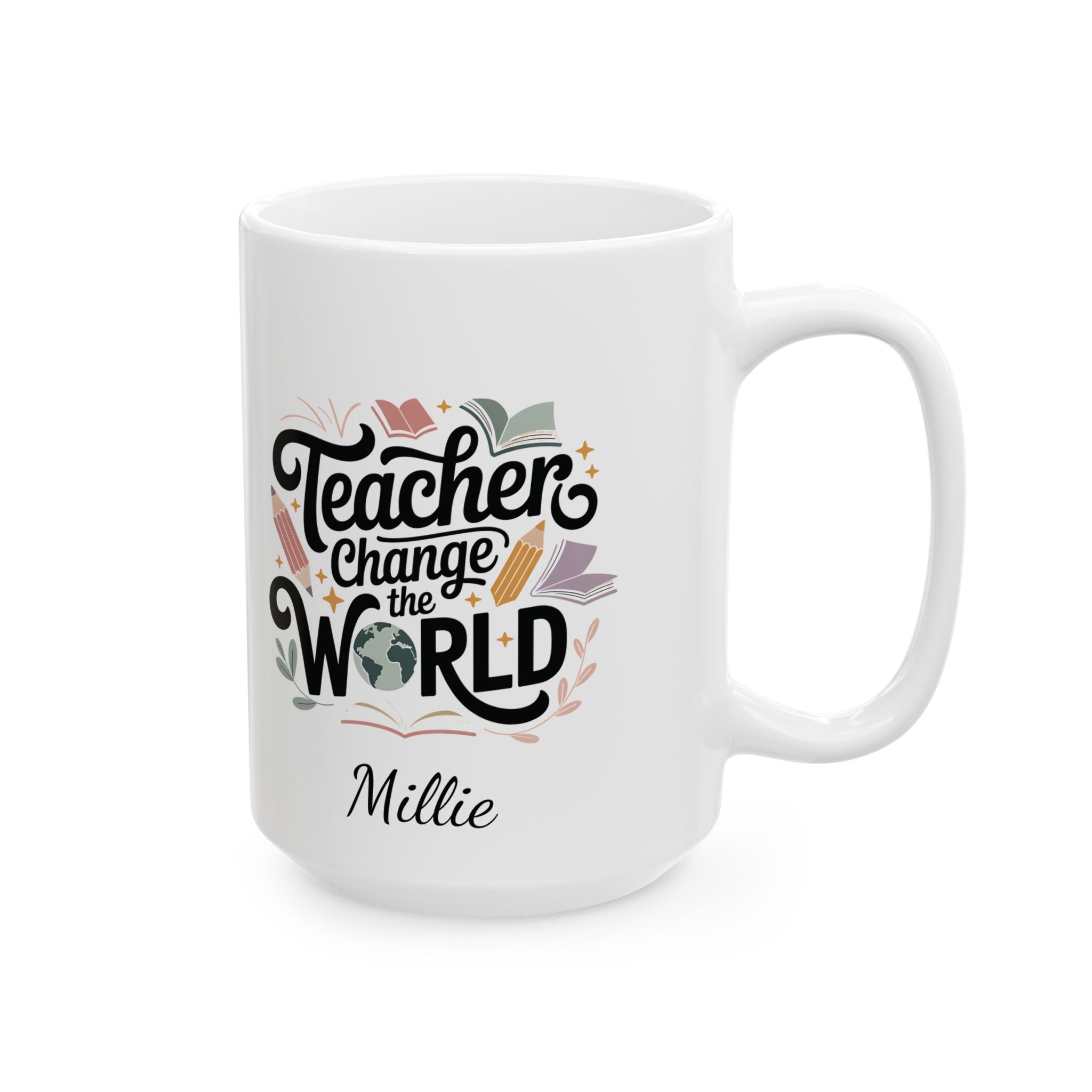Teachers Change the World mug lifestyle shot showing name and illustrated lettering