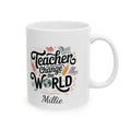 Personalized Teachers Change the World mug — main shot with books pencils globe design