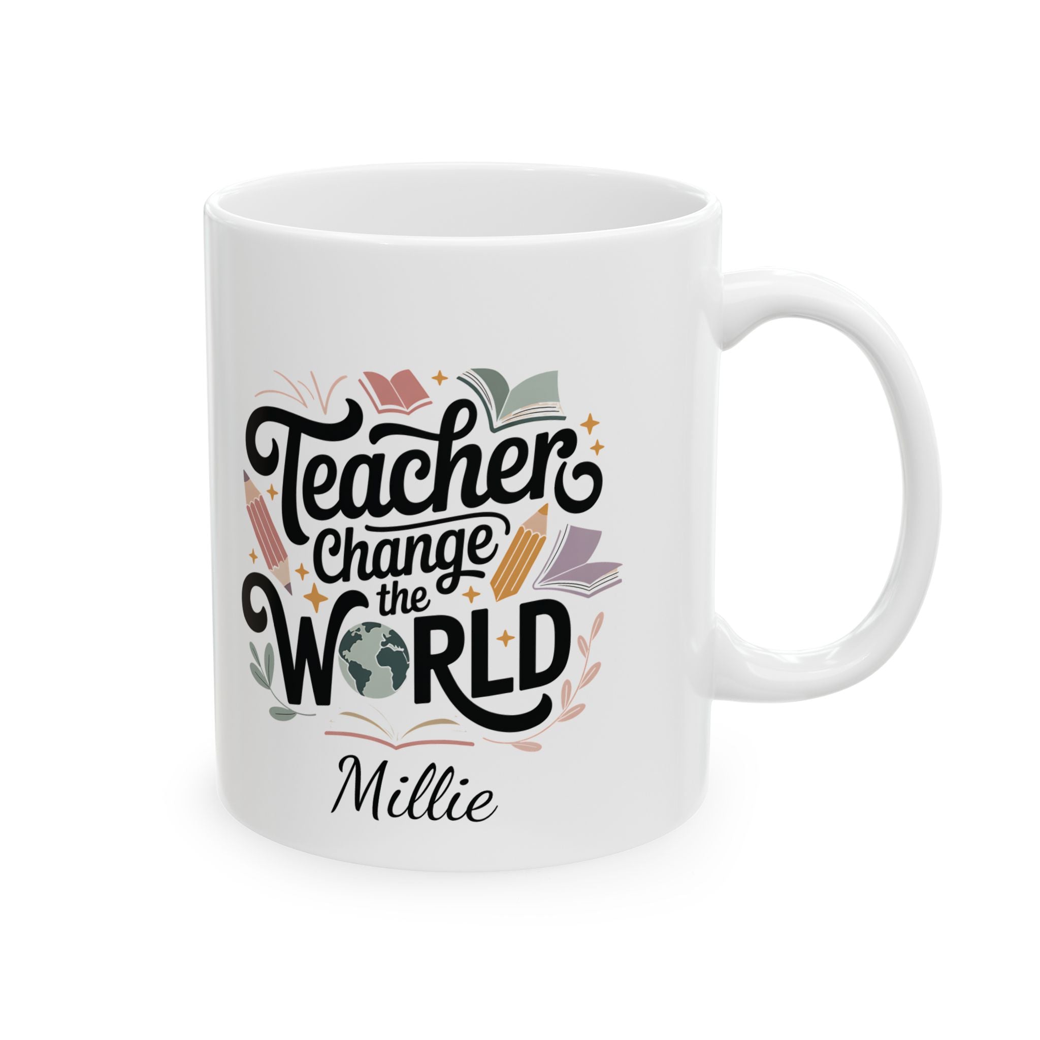Personalized Teachers Change the World mug — main shot with books pencils globe design