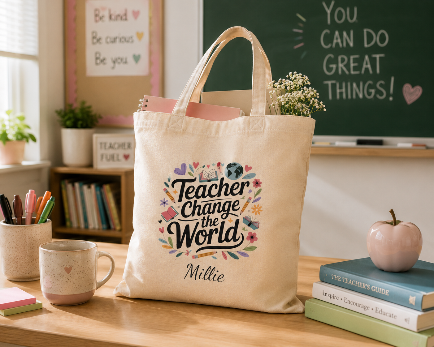 Teachers Change the World tote bag size and dimensions reference