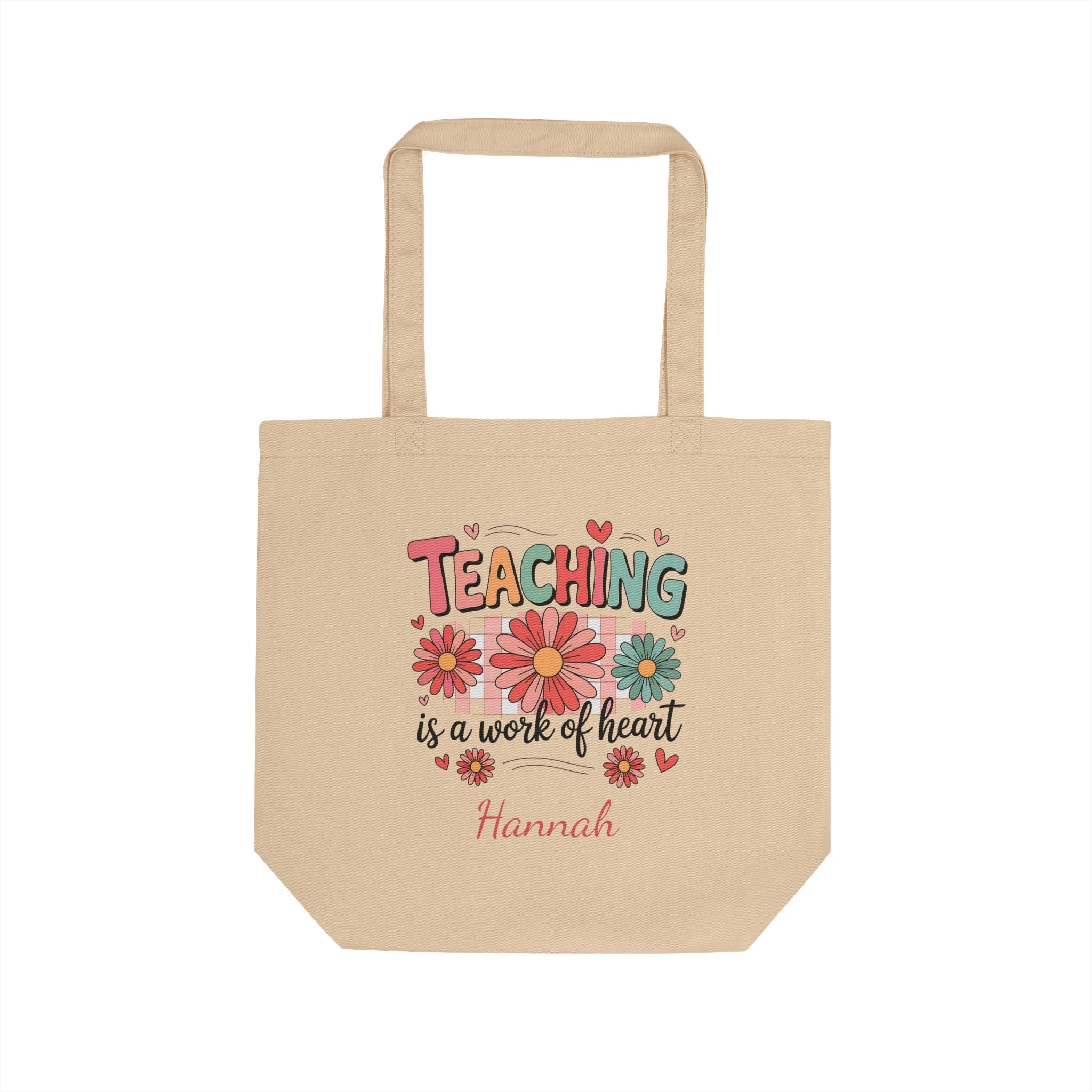 Personalized Teaching is a Work of Heart tote bag with custom name