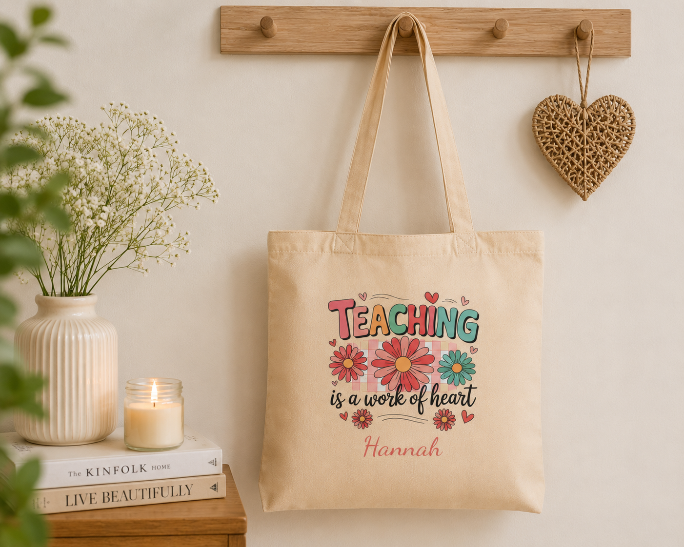 Teaching is a Work of Heart tote bag size and dimensions reference