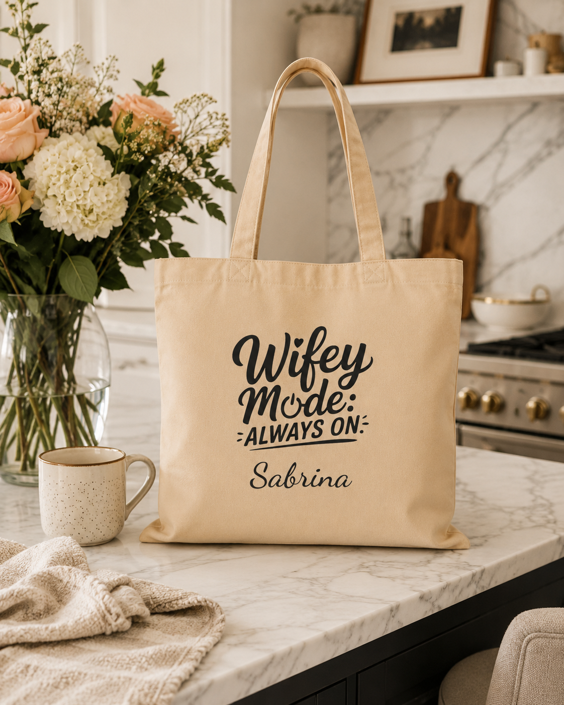 Wifey Mode tote bag shown flat with size and dimensions reference