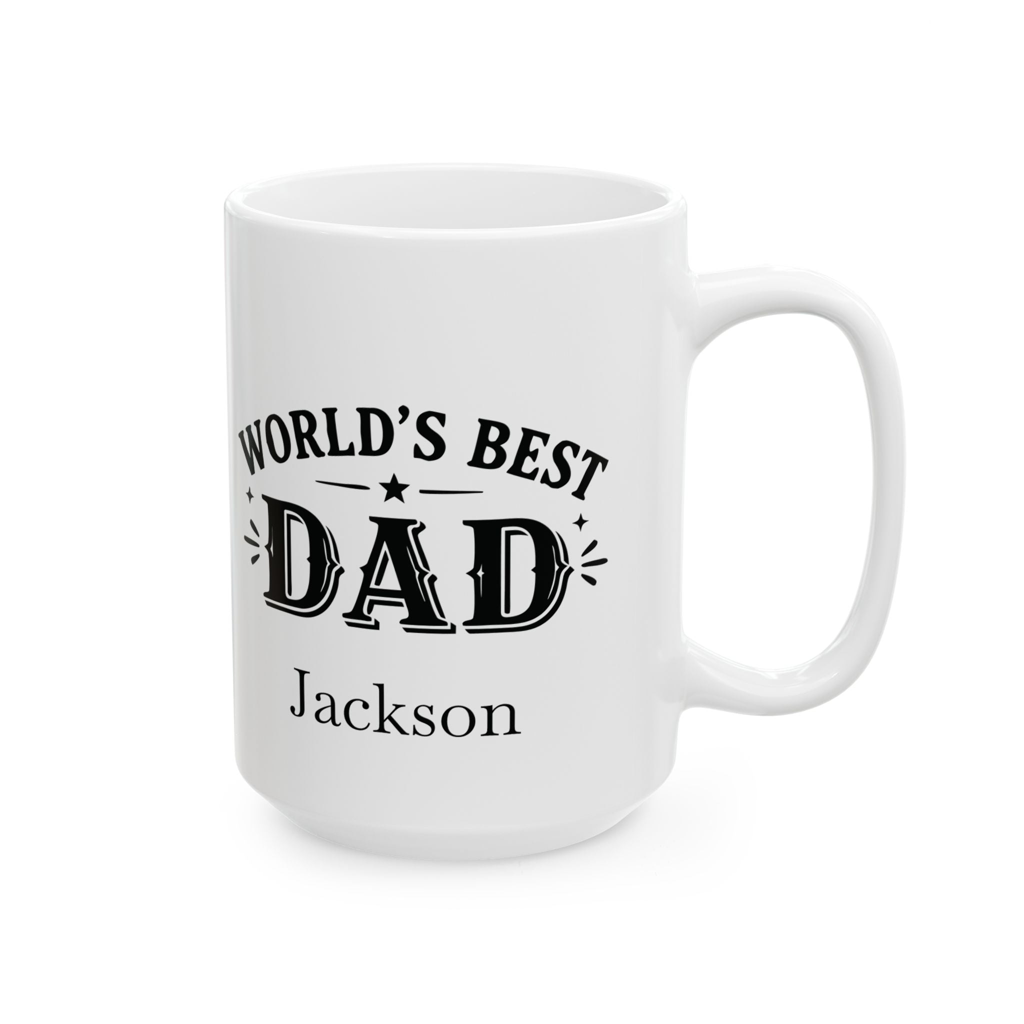 World's Best Dad mug lifestyle shot showing name and star detail