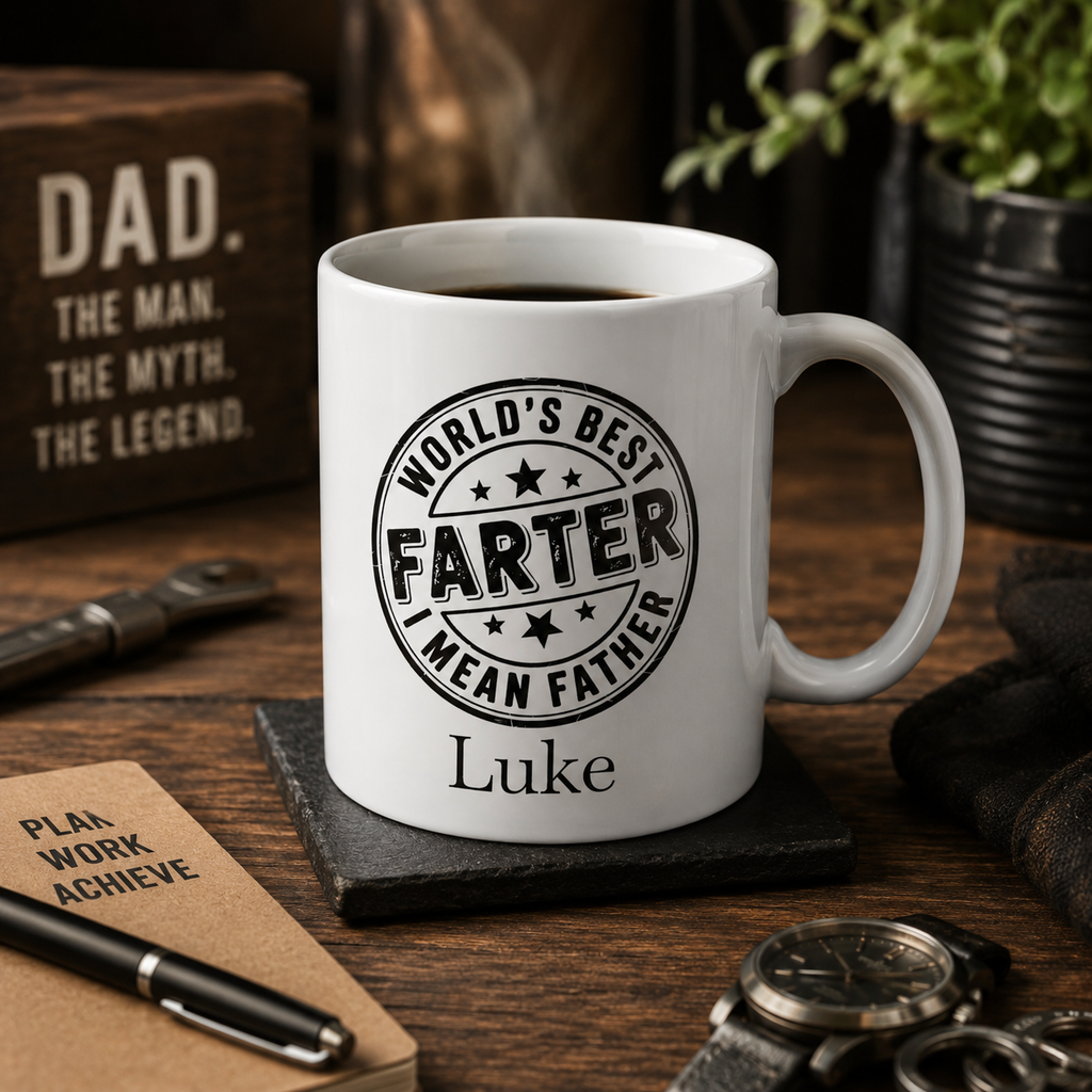 Close-up of personalized ceramic dad mug showing World's Best Farter I Mean Father stamp and name