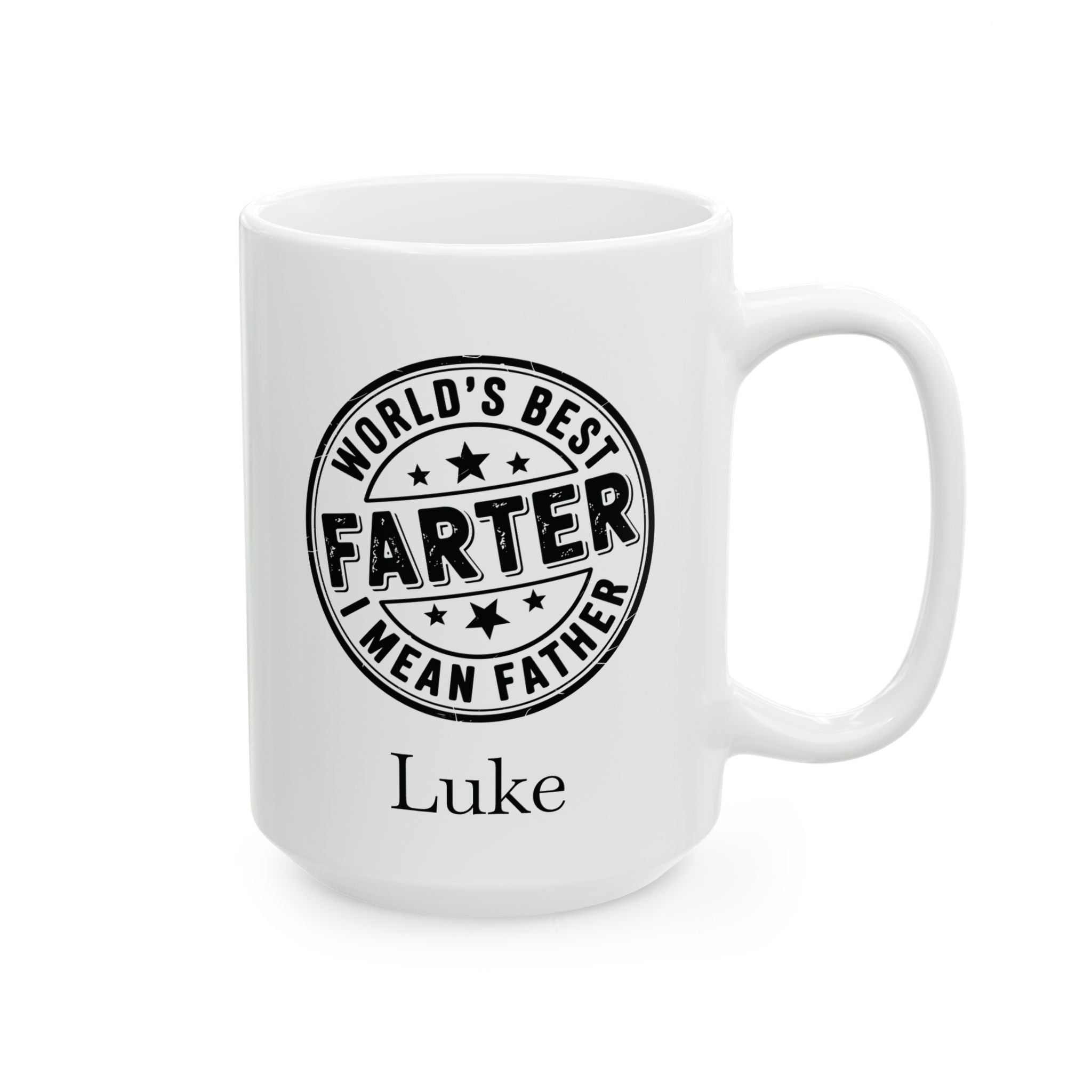 Funny personalized dad mug with vintage stamp design — lifestyle shot